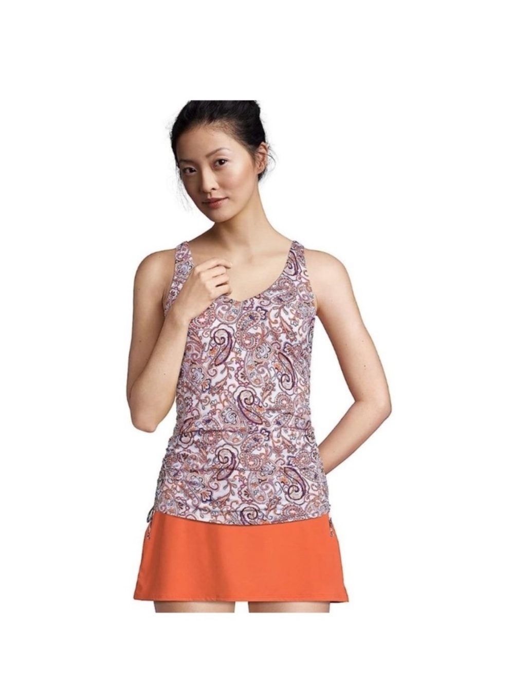 Lands End adjustable underwire v neck tankini white retro paisley size 12